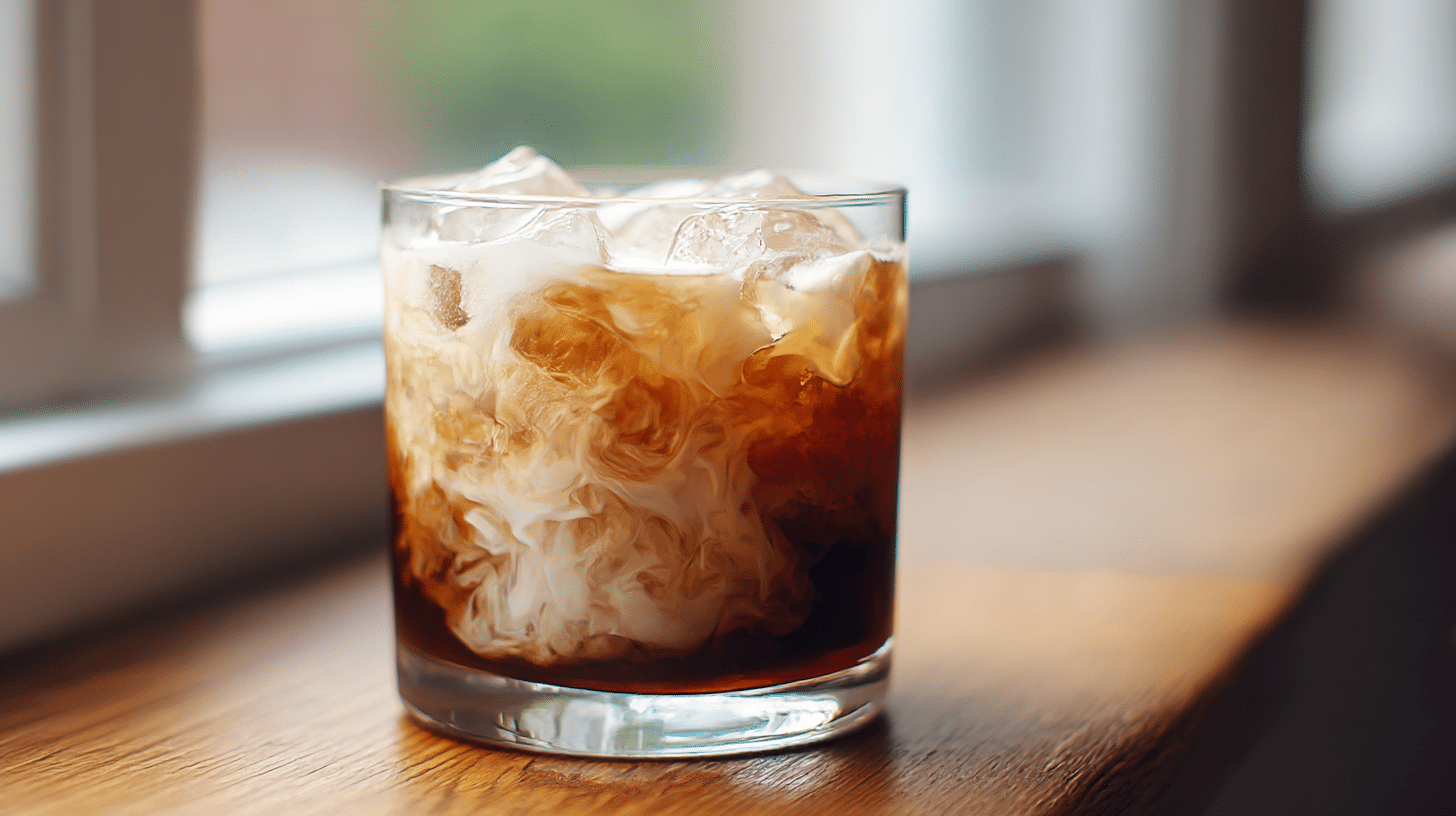 Nahaufnahme eines original Weißen Russen mit cremiger Schaumkrone