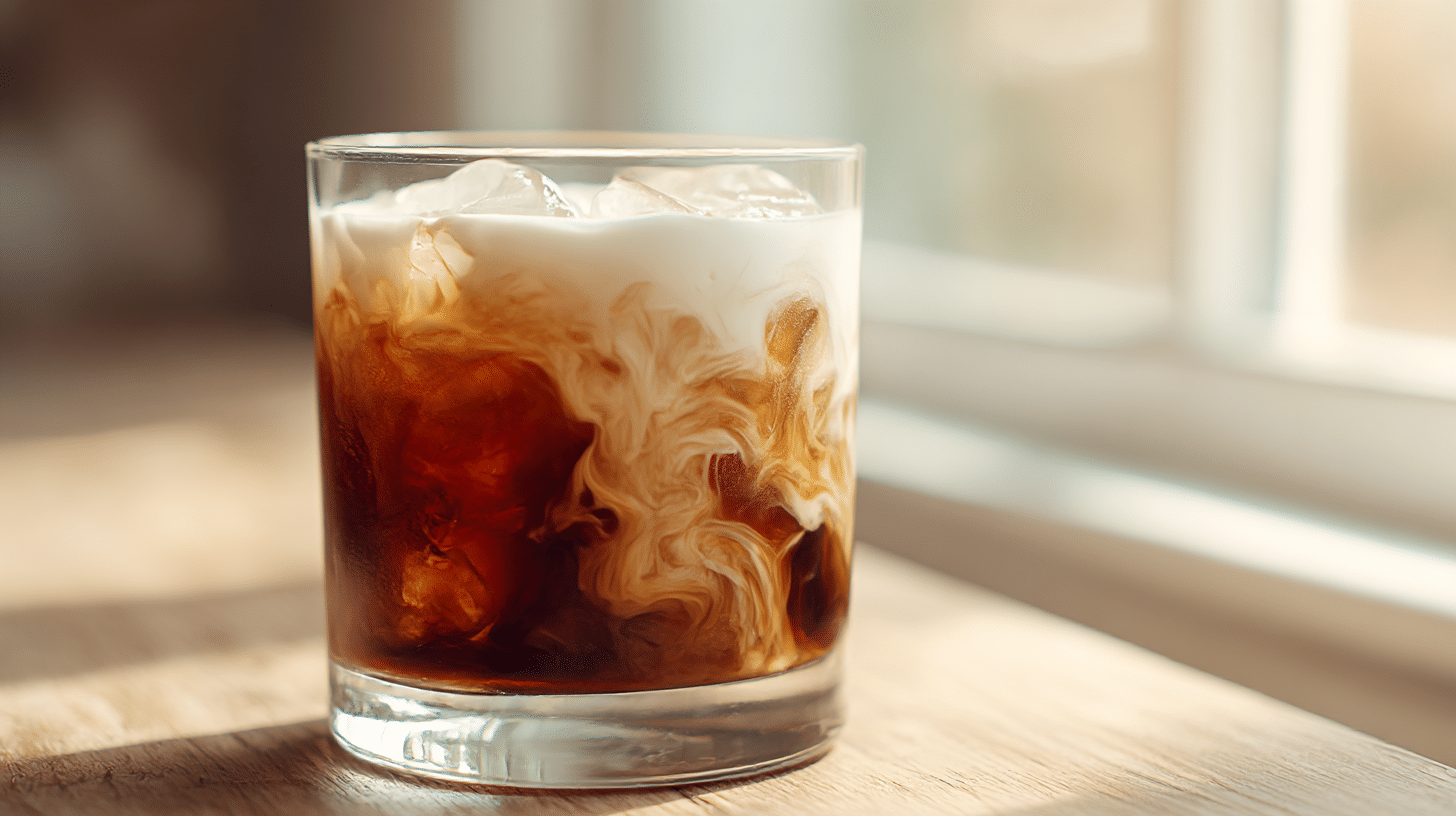 Original Weißer Russe serviert auf einem Untersetzer mit Schokoladendekor