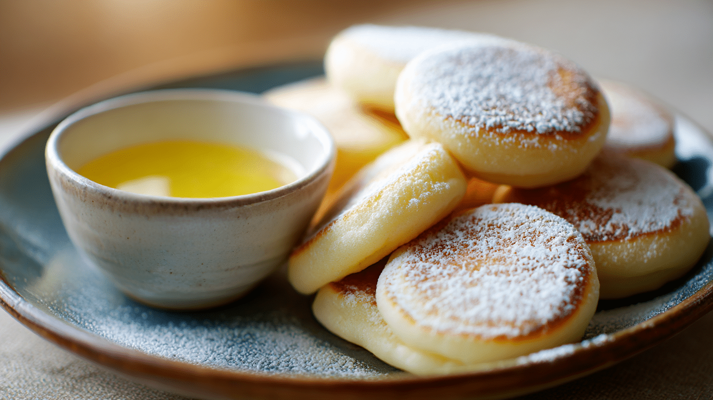 Poffertjes original ohne Hefe, liebevoll angerichtet auf einer rustikalen Holzplatte