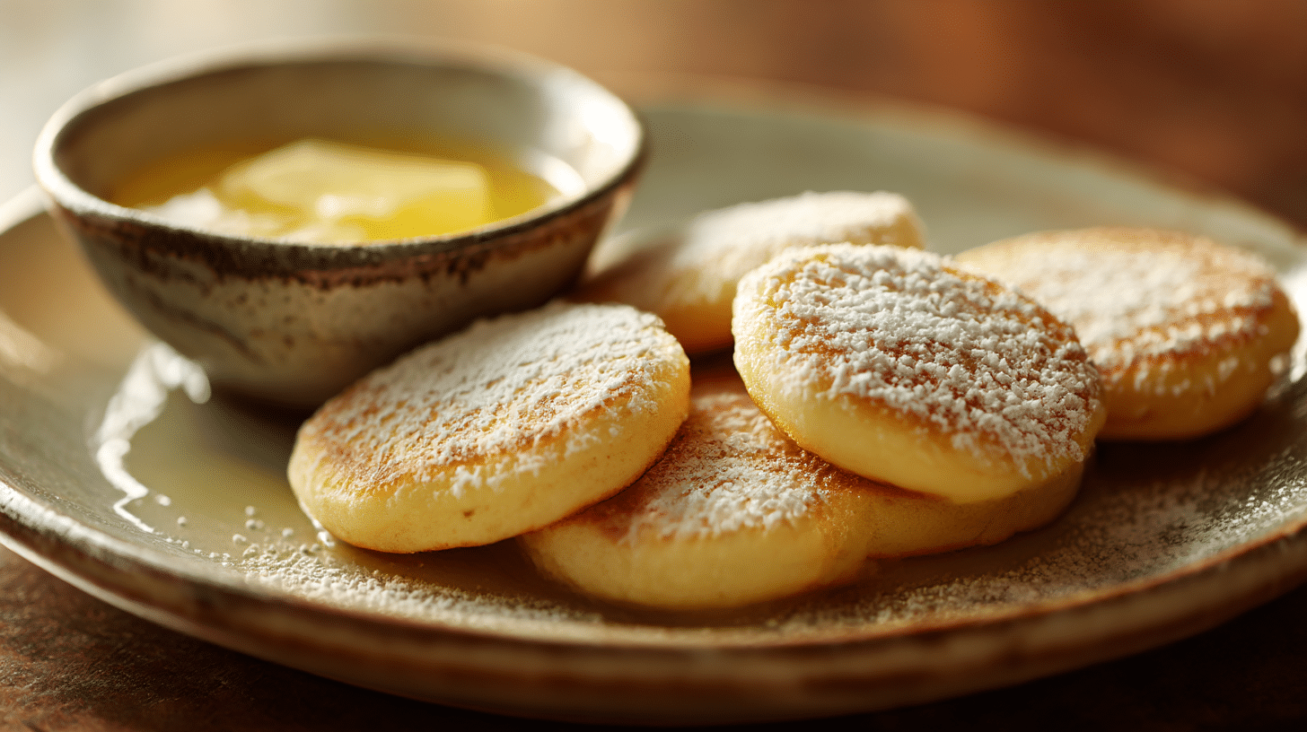 Nahaufnahme von Poffertjes original ohne Hefe, mit pudrzuckergünstiget bestreut