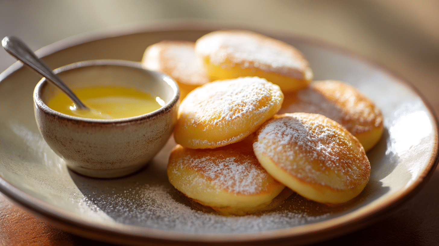Poffertjes original ohne Hefe, serviert mit frischen Beeren und Sahne