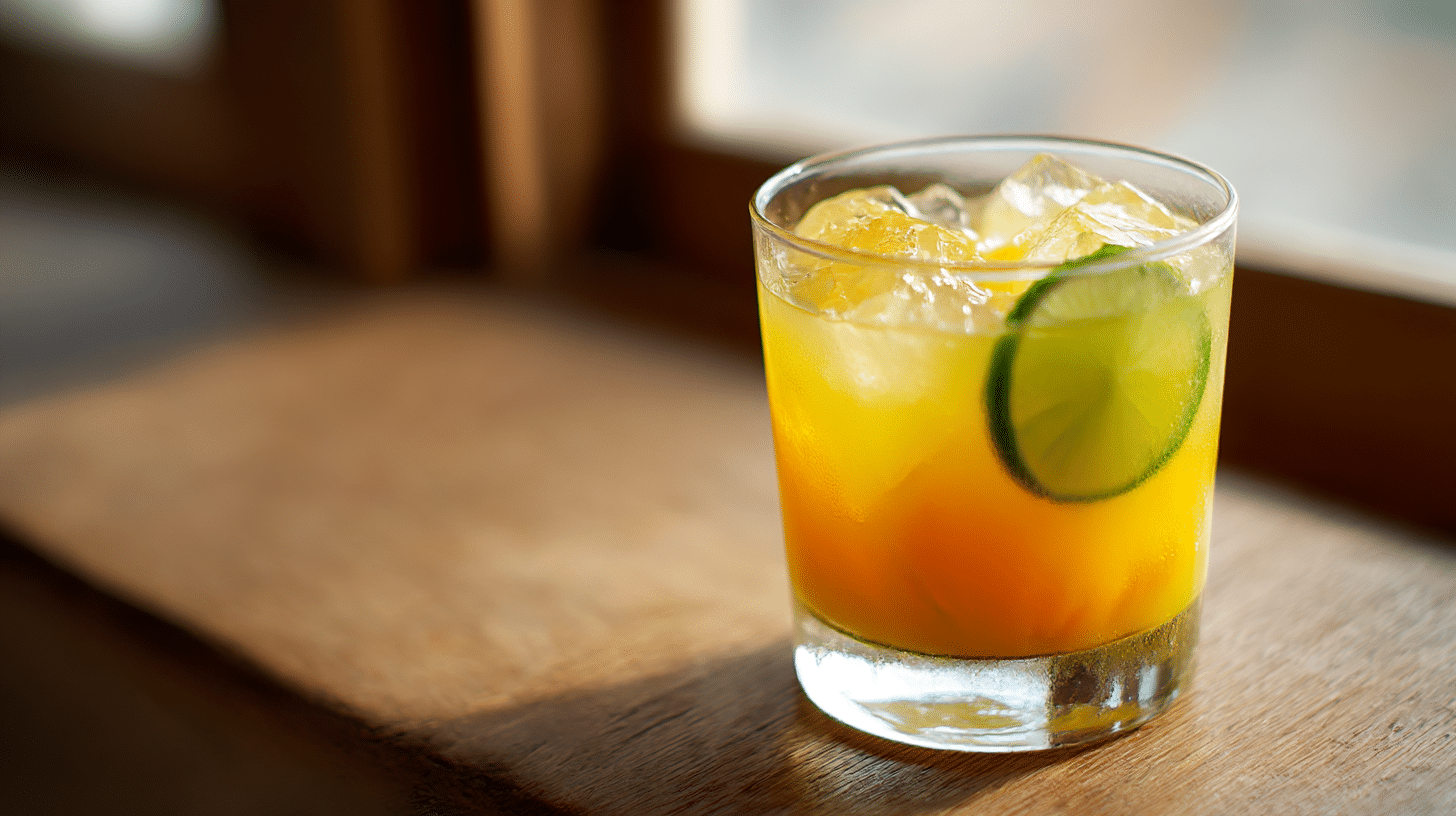 Nahaufnahme eines Glases original Poncha mit frischer Fruchtdekoration