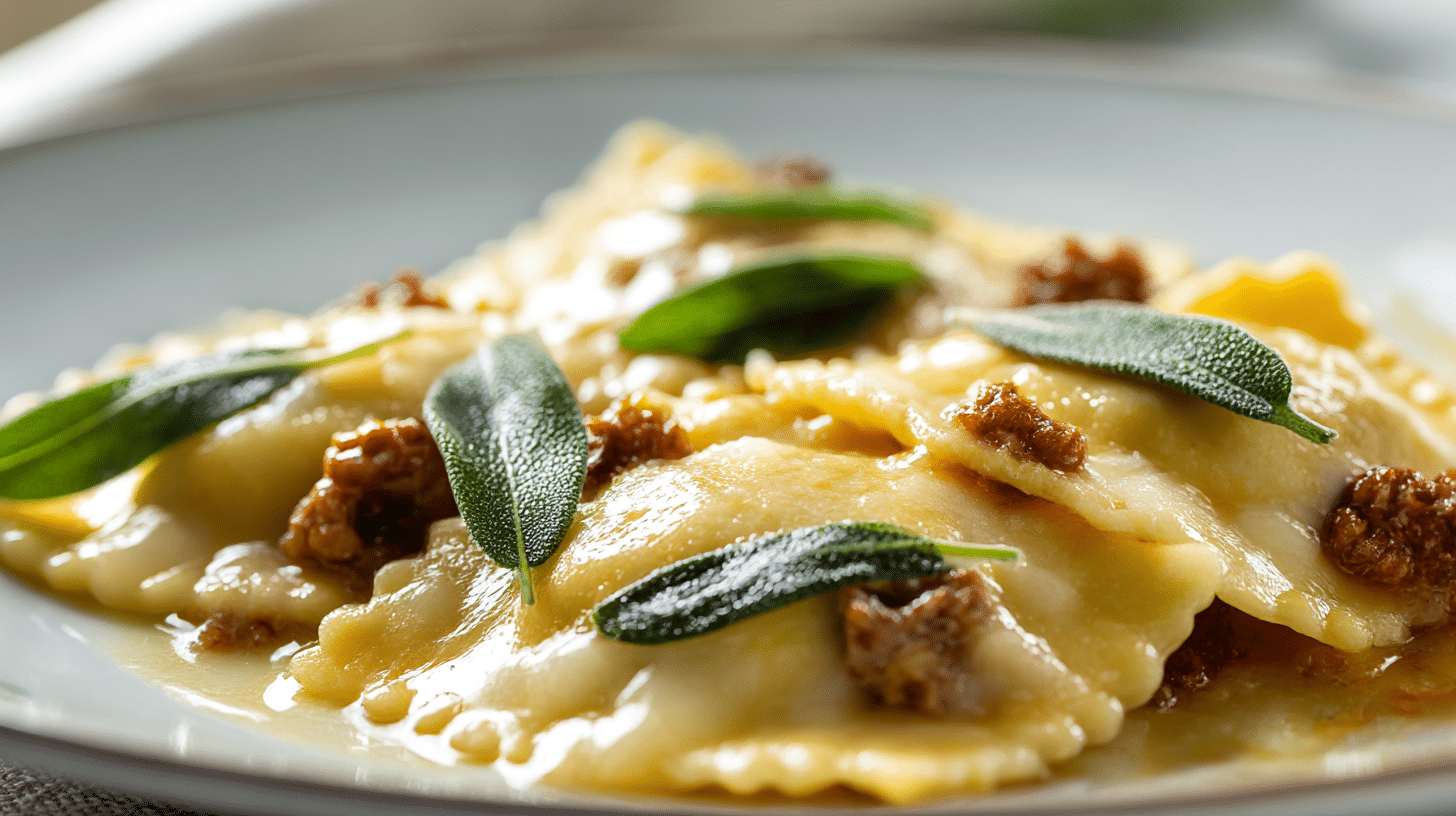 Anschnitt von original italienischen Ravioli, gefüllt mit frischem Spinat und Ricotta, in Soße