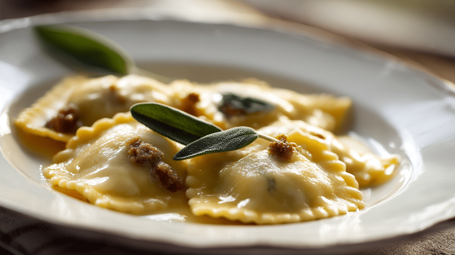 Ravioli Original Italienisch 1 Original italienische Ravioli auf einem Teller, liebevoll angerichtet mit frisch geriebenem Parmesan