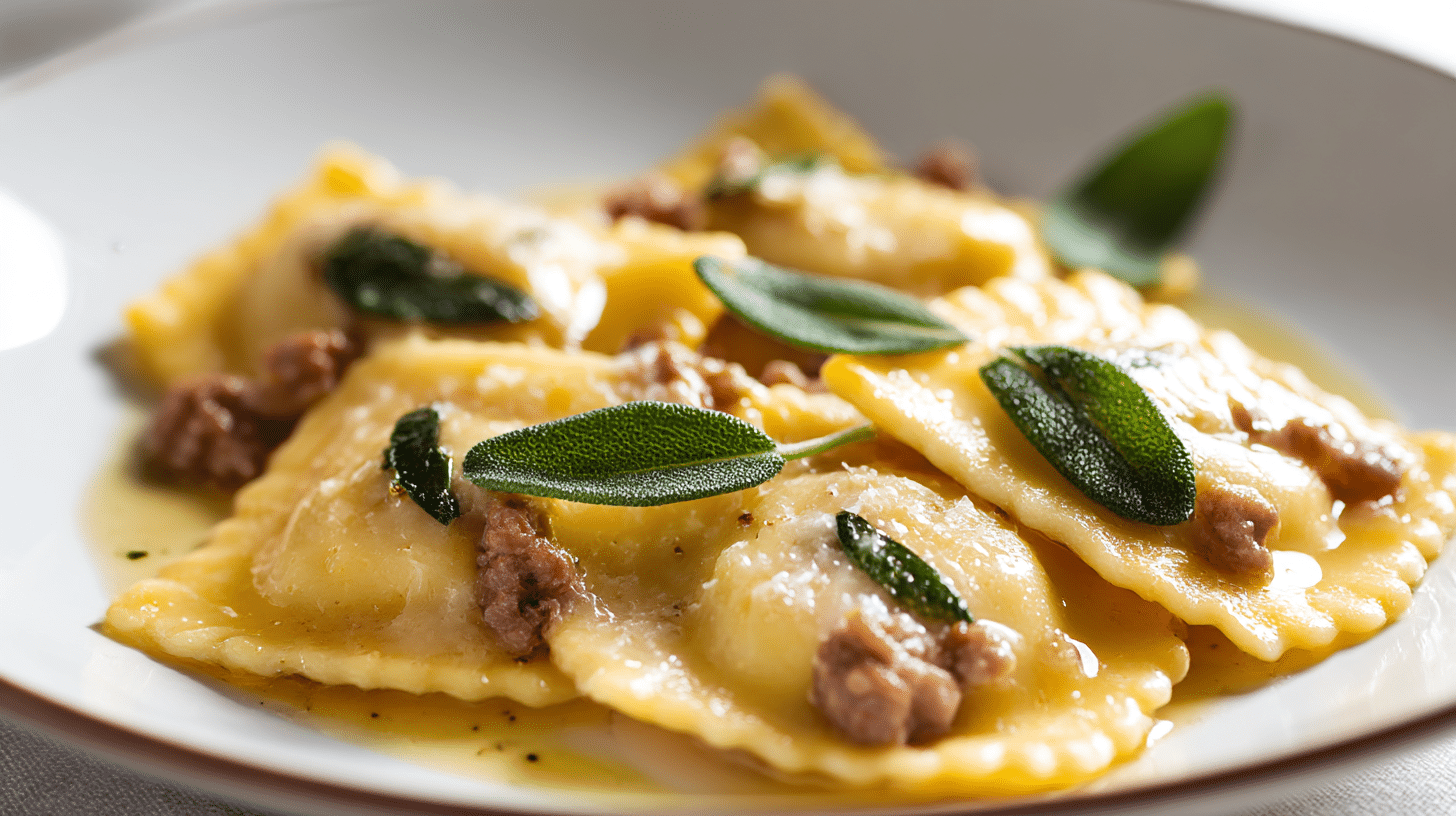 Nahaufnahme der Füllung von original italienischen Ravioli, sichtbar gefüllt mit aromatischem Ricotta und Spinat.
