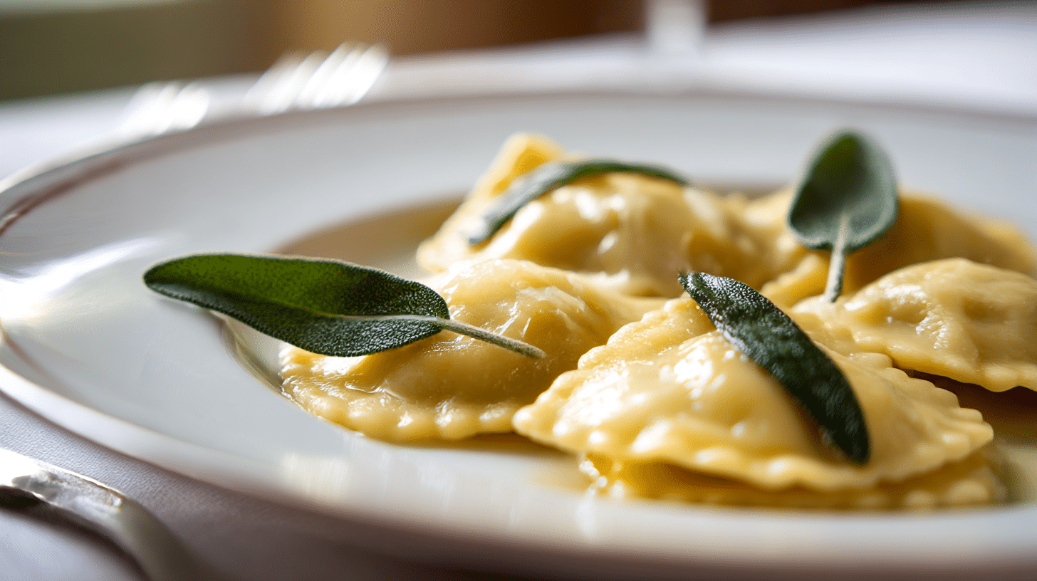Servierte original italienische Ravioli auf einem eleganten Teller, umgeben von frischen Kräutern.