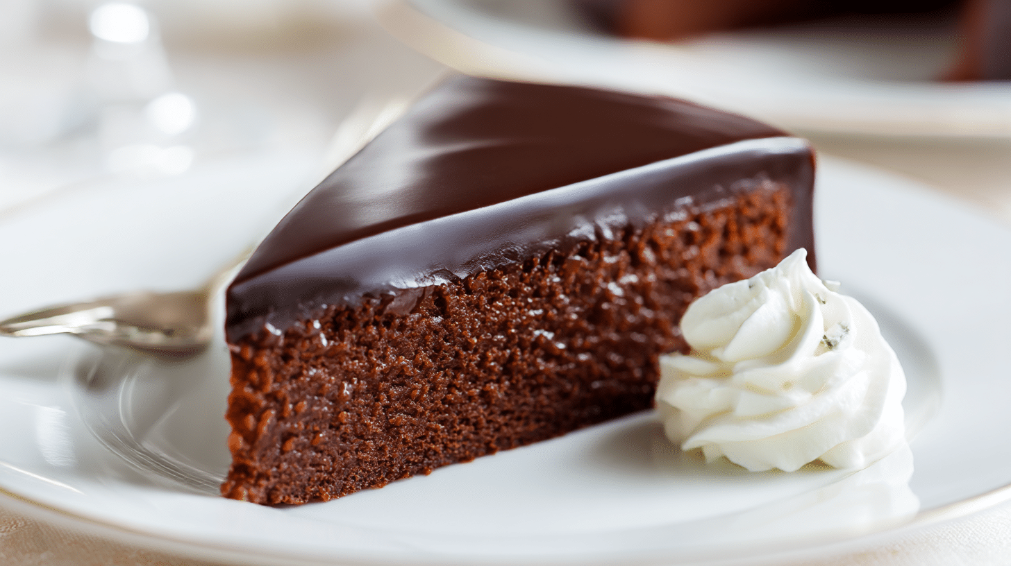 Original Sachertorte auf dekorativem Teller, traditionelles Rezept von Lafer