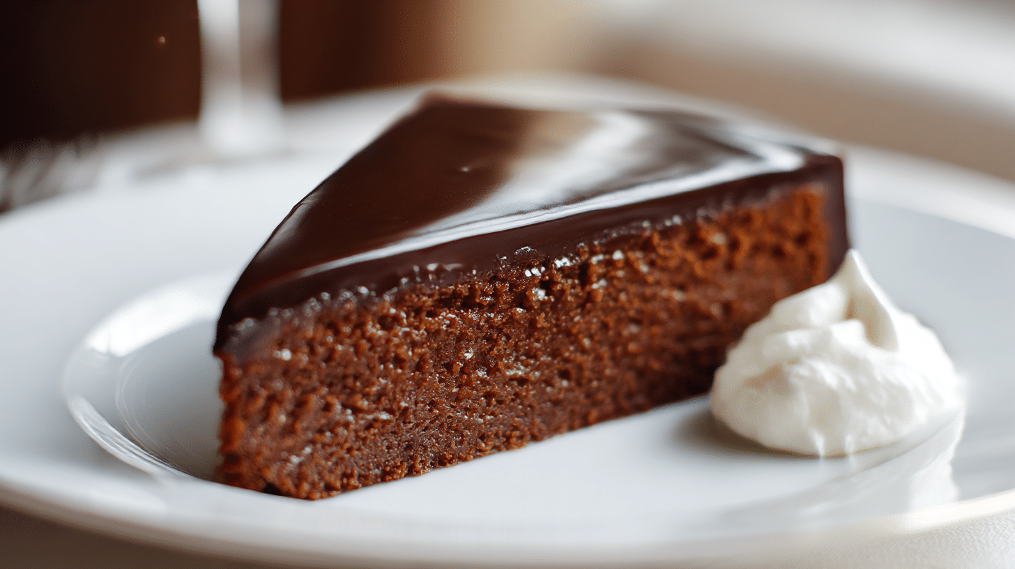 Nahaufnahme der glasurüberzogenen Oberfläche der Sachertorte, original nach Lafer
