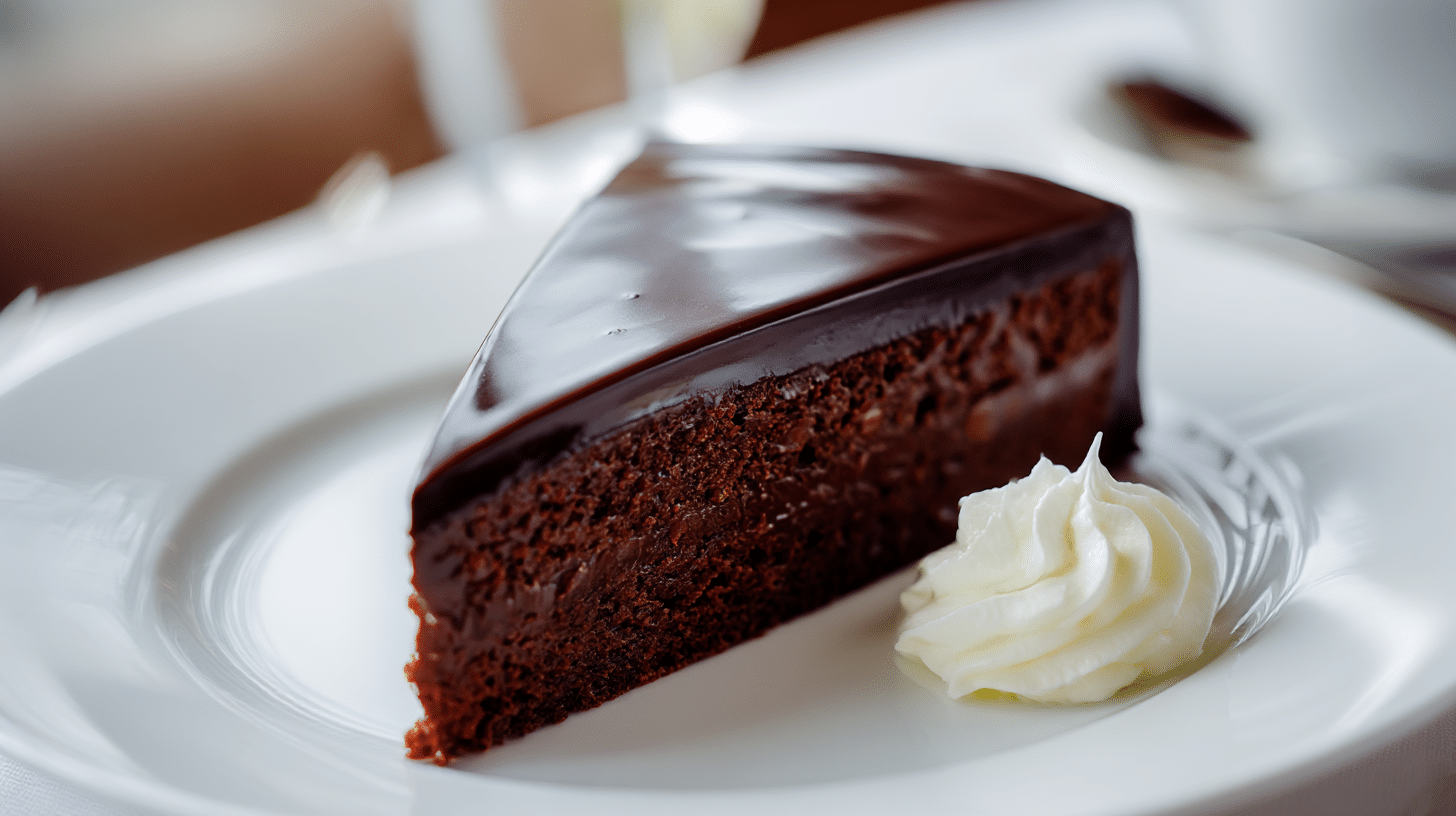 Scheibe Sachertorte serviert mit frischer Sahne, nach Lafer's Rezept