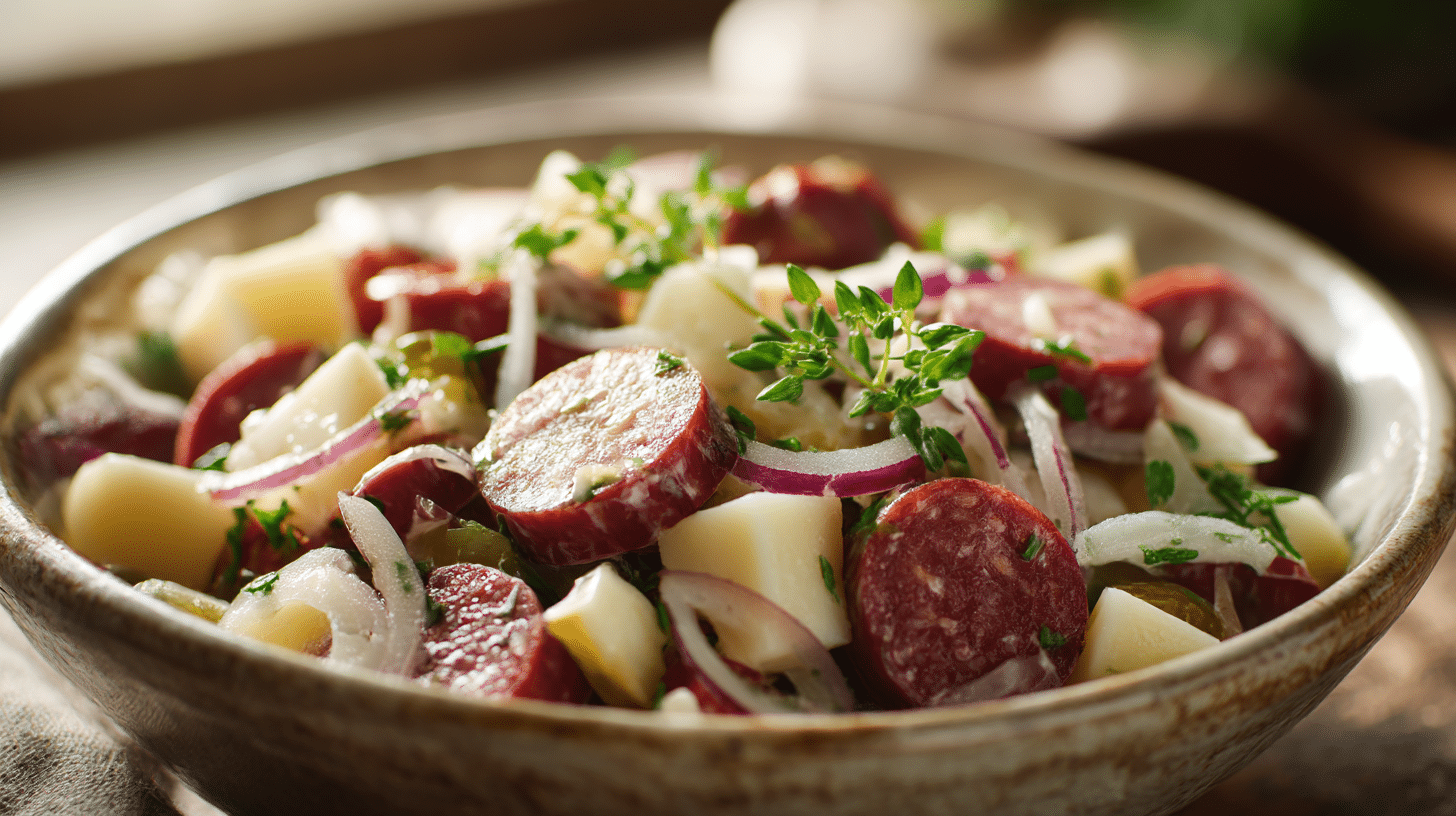 Detailansicht des Schweizer Wurstsalats mit verschiedenen Wurstsorten und Käsewürfeln