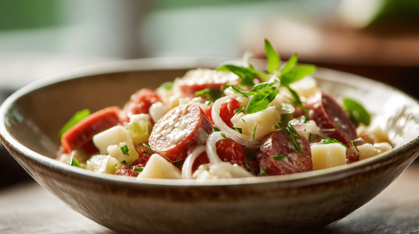 Original Schweizer Wurstsalat in großer Schüssel, belegt mit frischen Kräutern