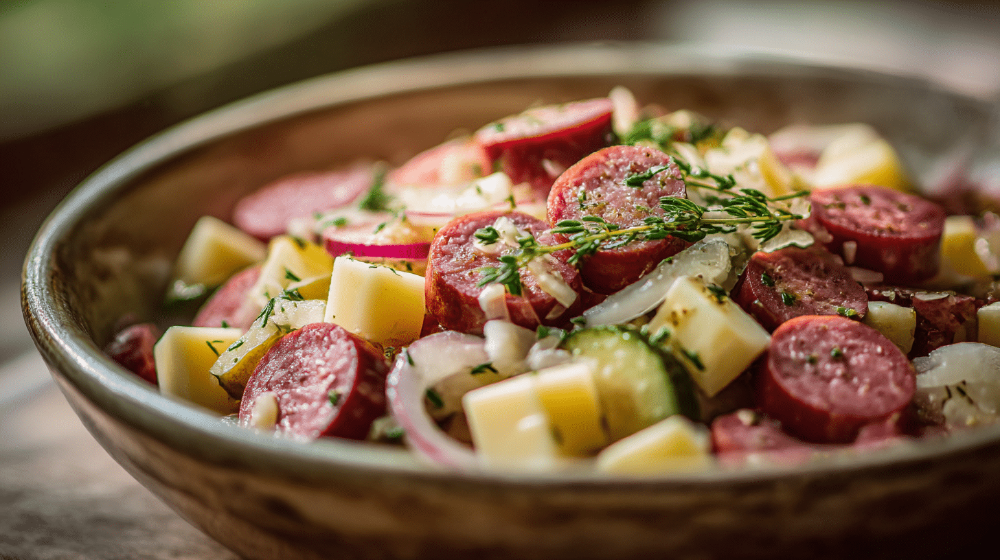 Schweizer Wurstsalat auf Teller, garniert mit frischem Brot