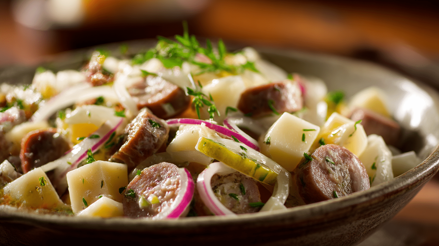 Zutaten für original Schweizer Wurstsalat: Würste, Käse, Zwiebeln und Essig