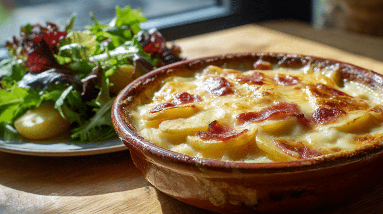 Authentische Tartiflette original serviert in einer traditionellen Auflaufform