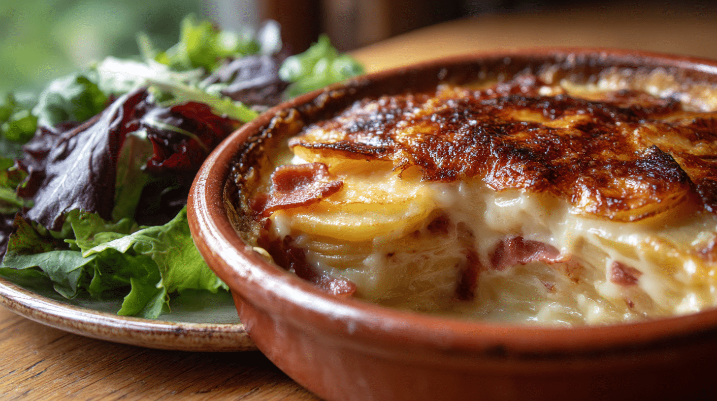 Nahaufnahme der geschmolzenen Käsekruste von Tartiflette original