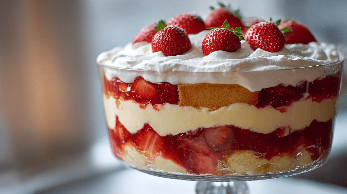 Nahaufnahme von eine Schicht im Original Trifle Rezept mit Frucht und Sahne