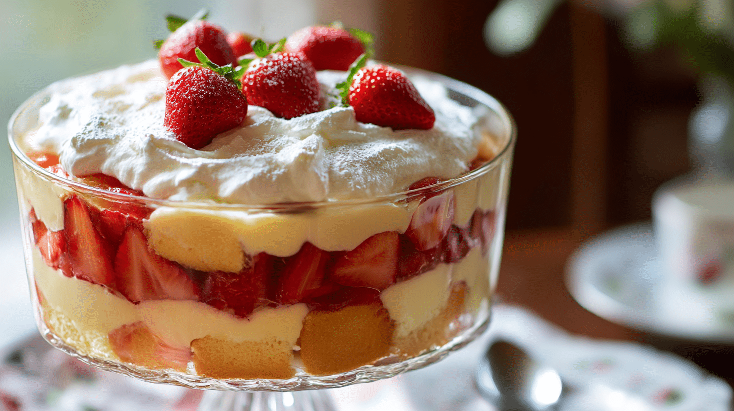 Original Trifle Rezept in schöner Glasservierform mit Schichten aus Pudding und Früchten