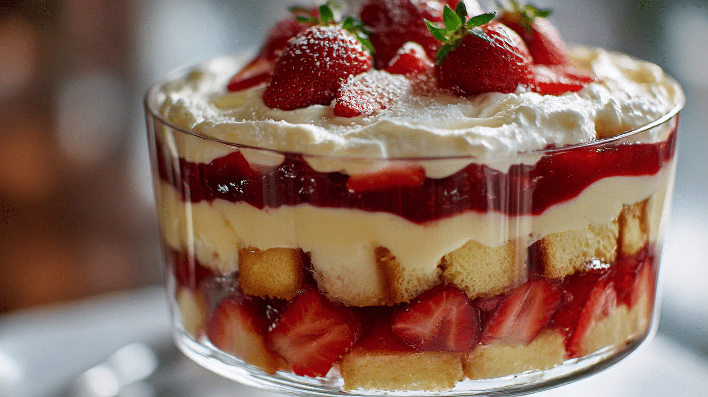 Serviertes Original Trifle Rezept auf einem festlichen Tisch mit dekorativem Geschirr