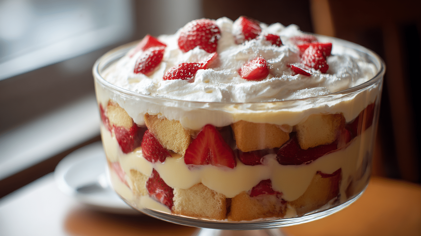 Original Trifle in einer Glasschüssel, geschichtet mit Früchten und Sahne