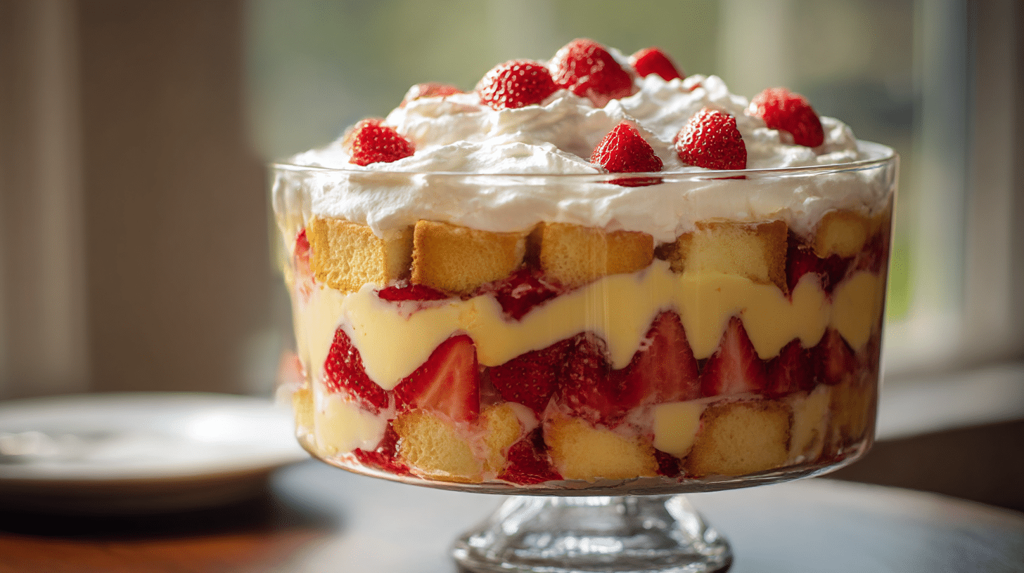 Nahaufnahme der Schichten eines originalen Trifles mit Beeren und Vanillecreme