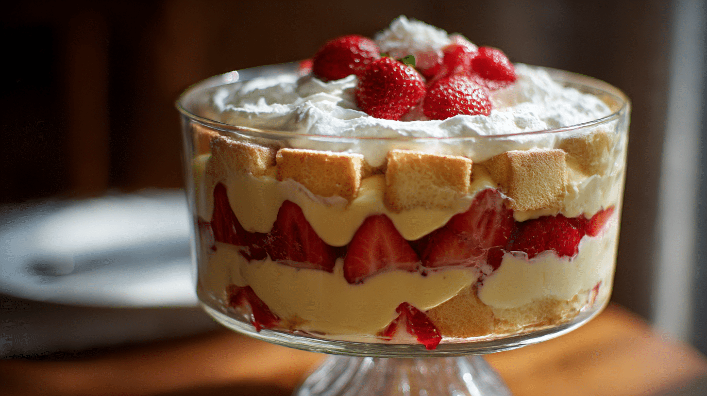 Zutaten für die Zubereitung eines originalen Trifles: Früchte, Sahne und Biskuit