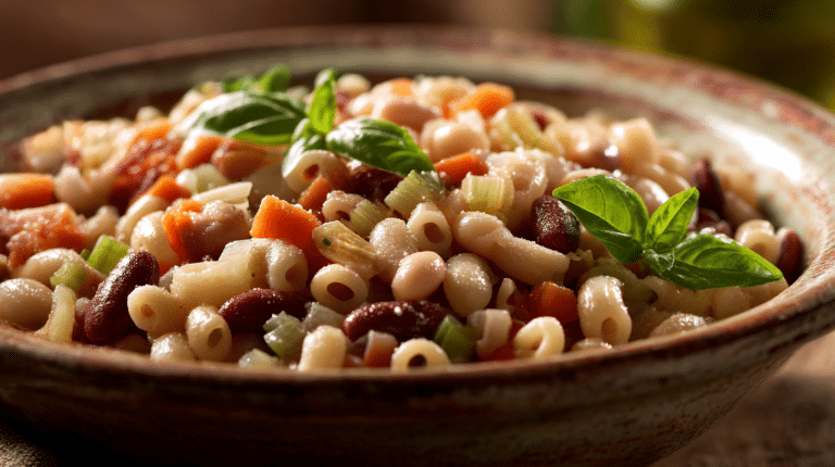 Original Pasta e Fagioli in traditioneller Schüssel, appetitlich angerichtet