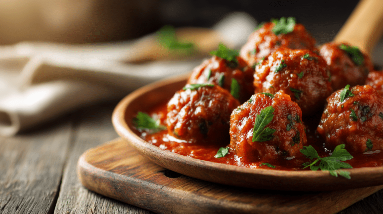 Original Polpette auf einem rustikalen Holzbrett angerichtet