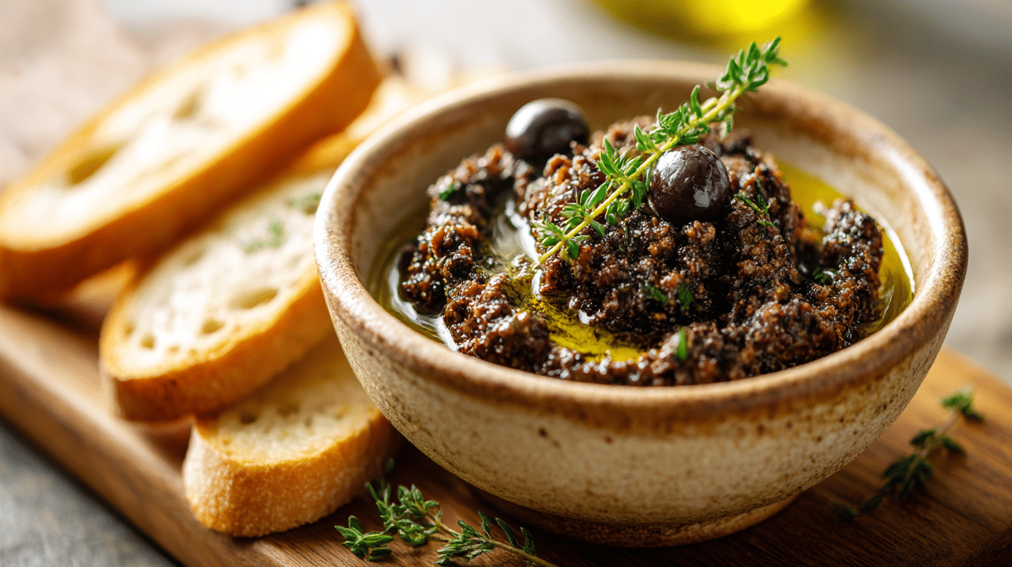 Original Tapenade auf frischem Baguette, traditionell serviert als Vorspeise