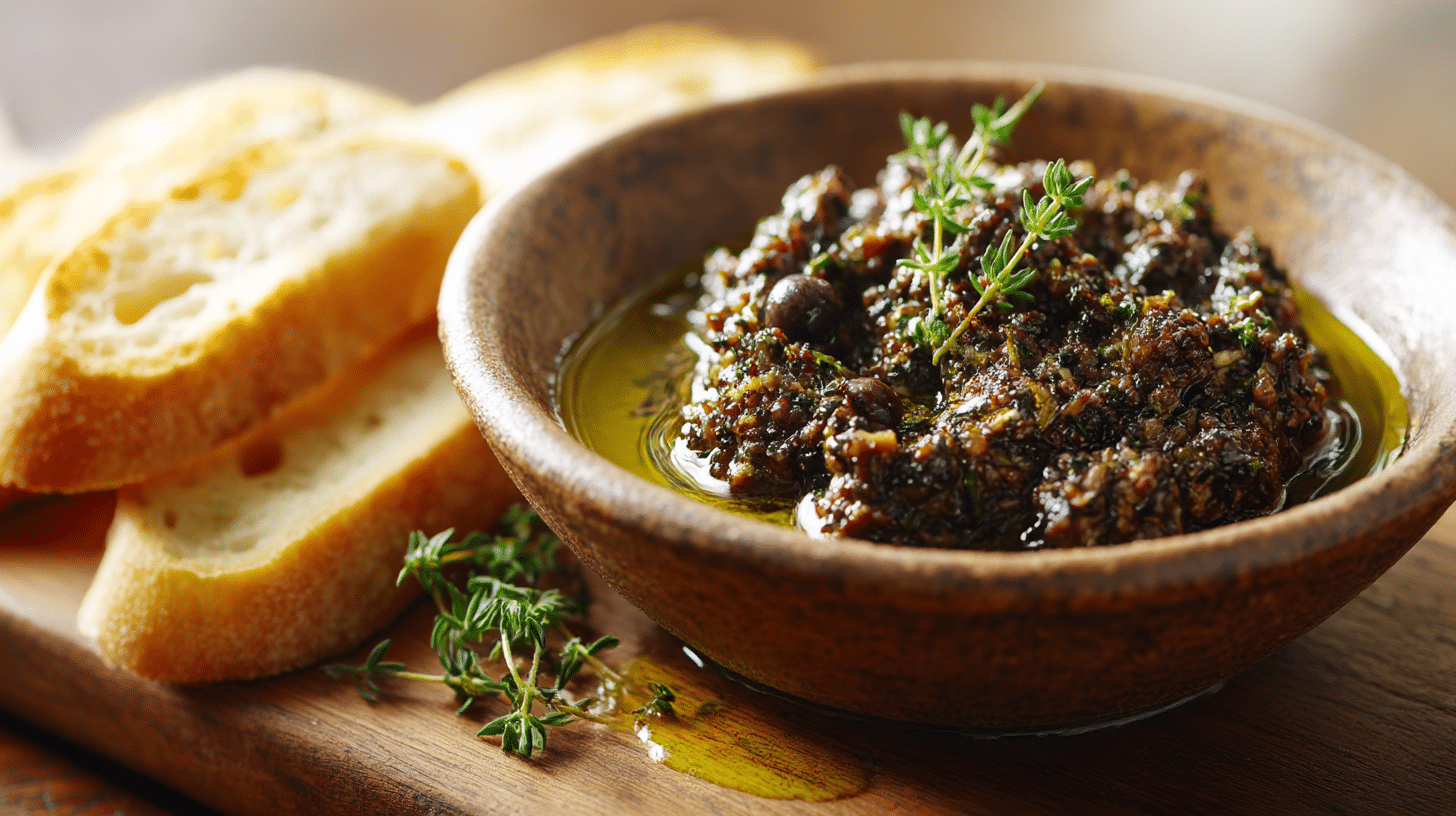 Nahaufnahme der cremigen Textur von originaler Tapenade auf einem Stück Brot