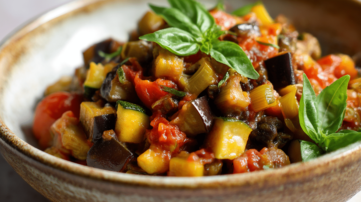 Nahaufnahme der original italienischen Caponata mit glänzenden Oliven und frischem Gemüse