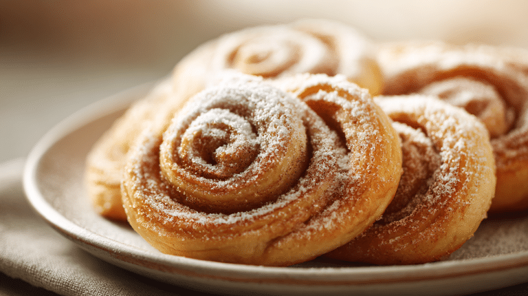 Original Franzbrötchen aus Plunderteig auf Backblech, frisch gebacken und duftend