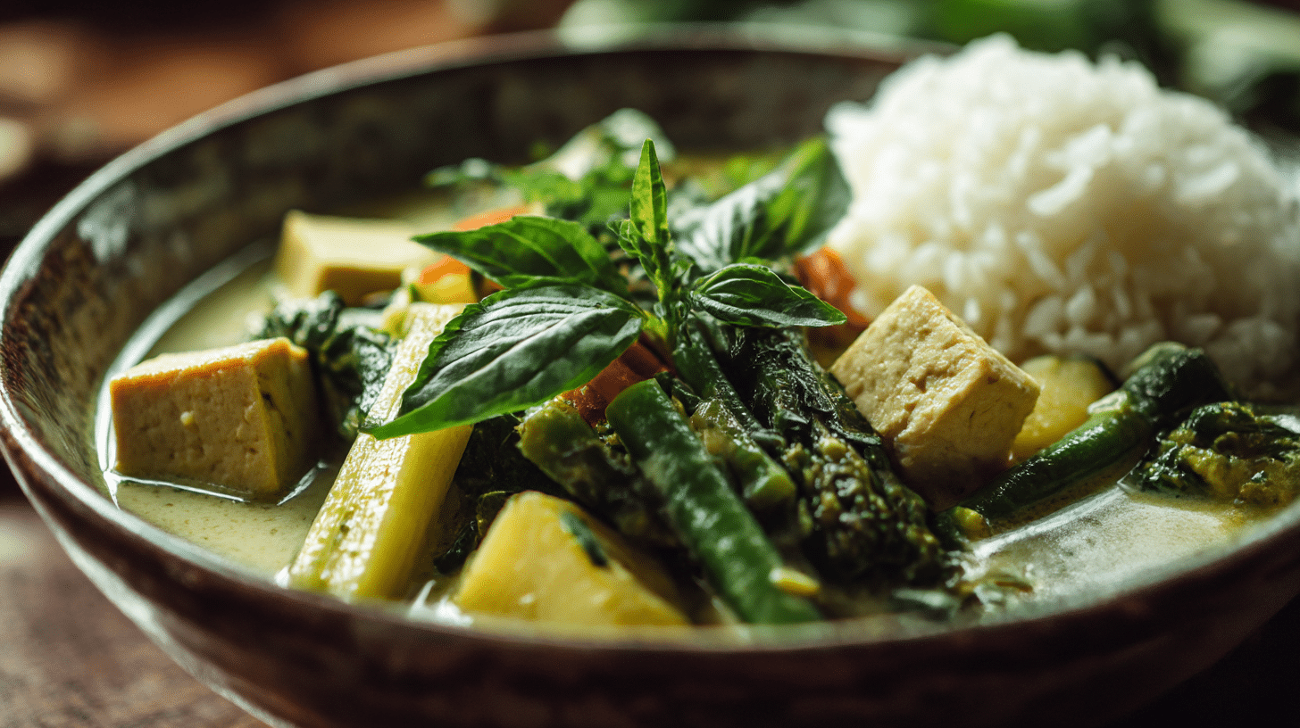 Grünes Thai Curry Original 1 Original grünes Thai Curry in einer großen Schale mit frischem Gemüse