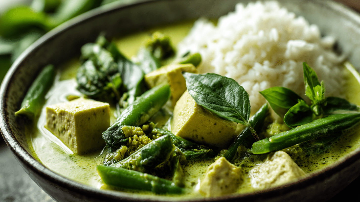 Nahaufnahme von originalen Zutaten für grünes Thai Curry im vorbereiteten Zustand