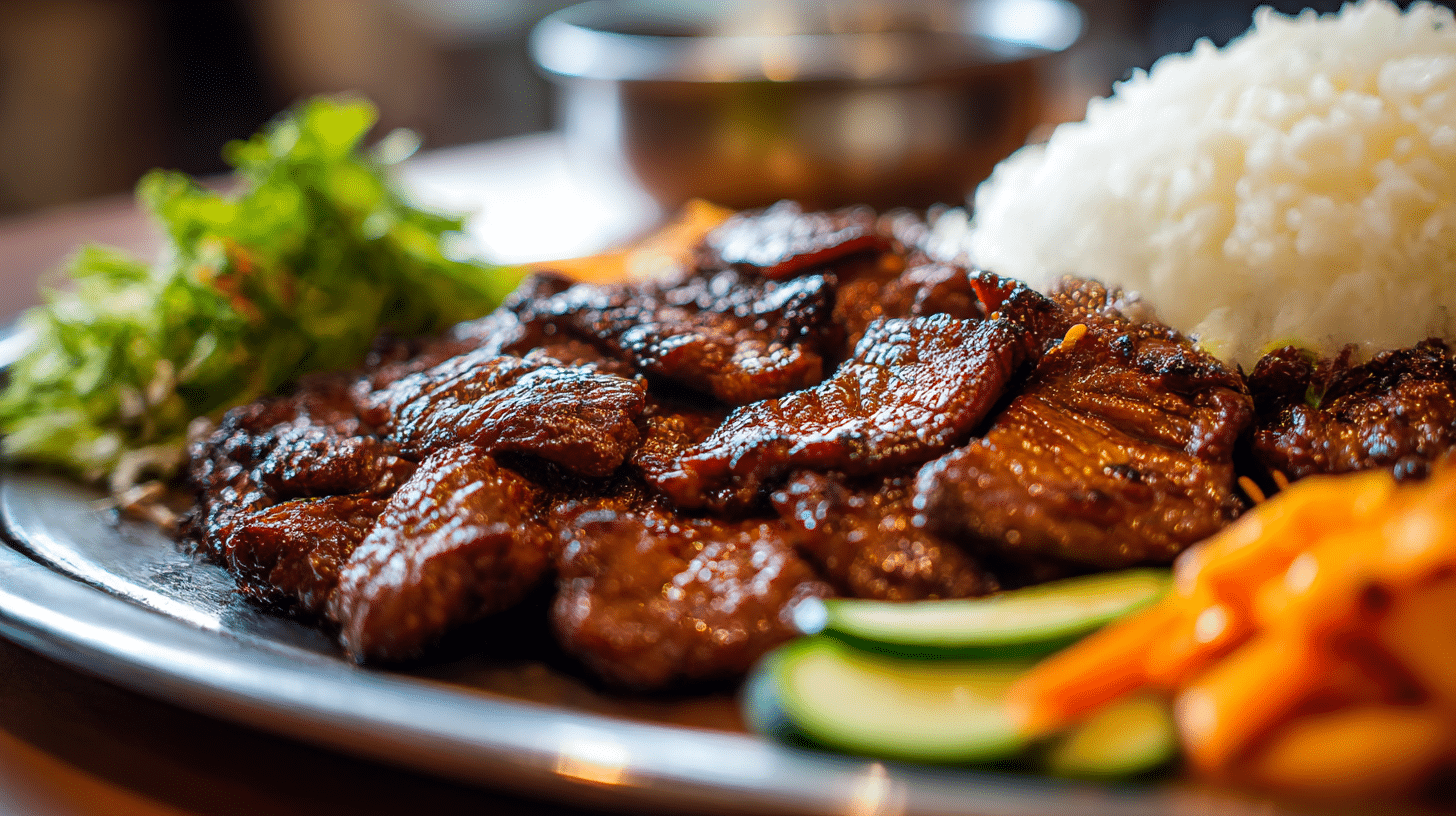 Nahaufnahme von original Bulgogi auf dem Teller mit leuchtenden Aromen