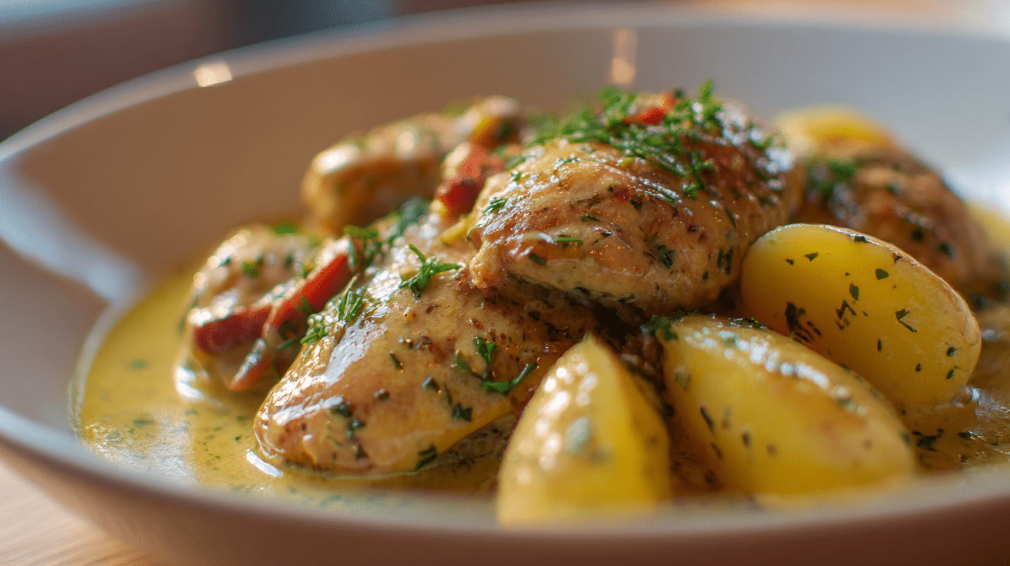 Original Coq au Riesling in rustikalem Topf, umgeben von frischem Gemüse
