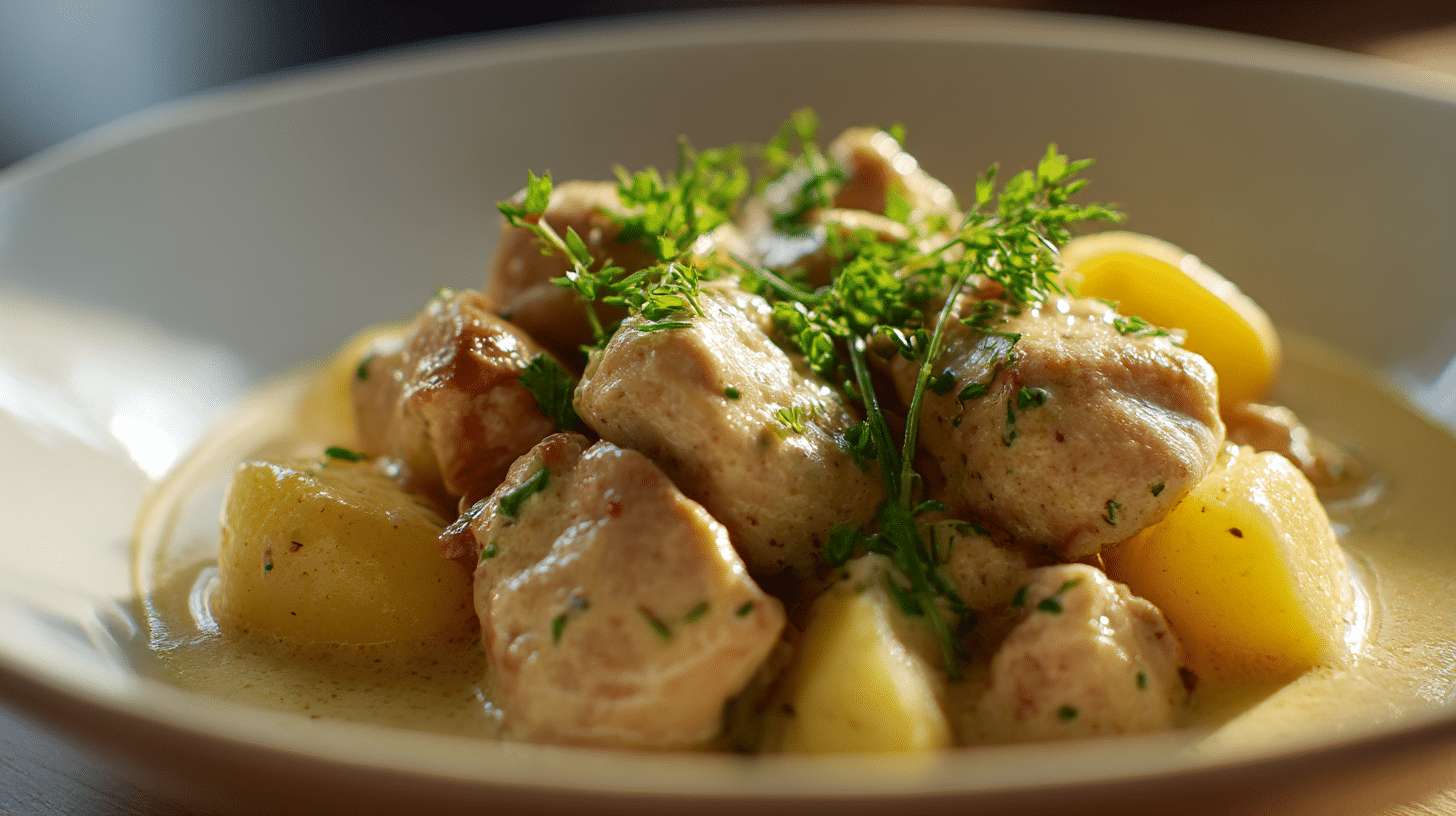 Coq au Riesling auf rustikalem Tisch, umgeben von traditionellen Kochutensilien
