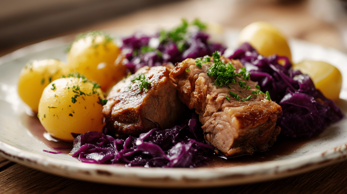 Deutsche Küche Rezept 1 Original deutsches Gericht in traditioneller Servierform, das das Rezept repräsentiert