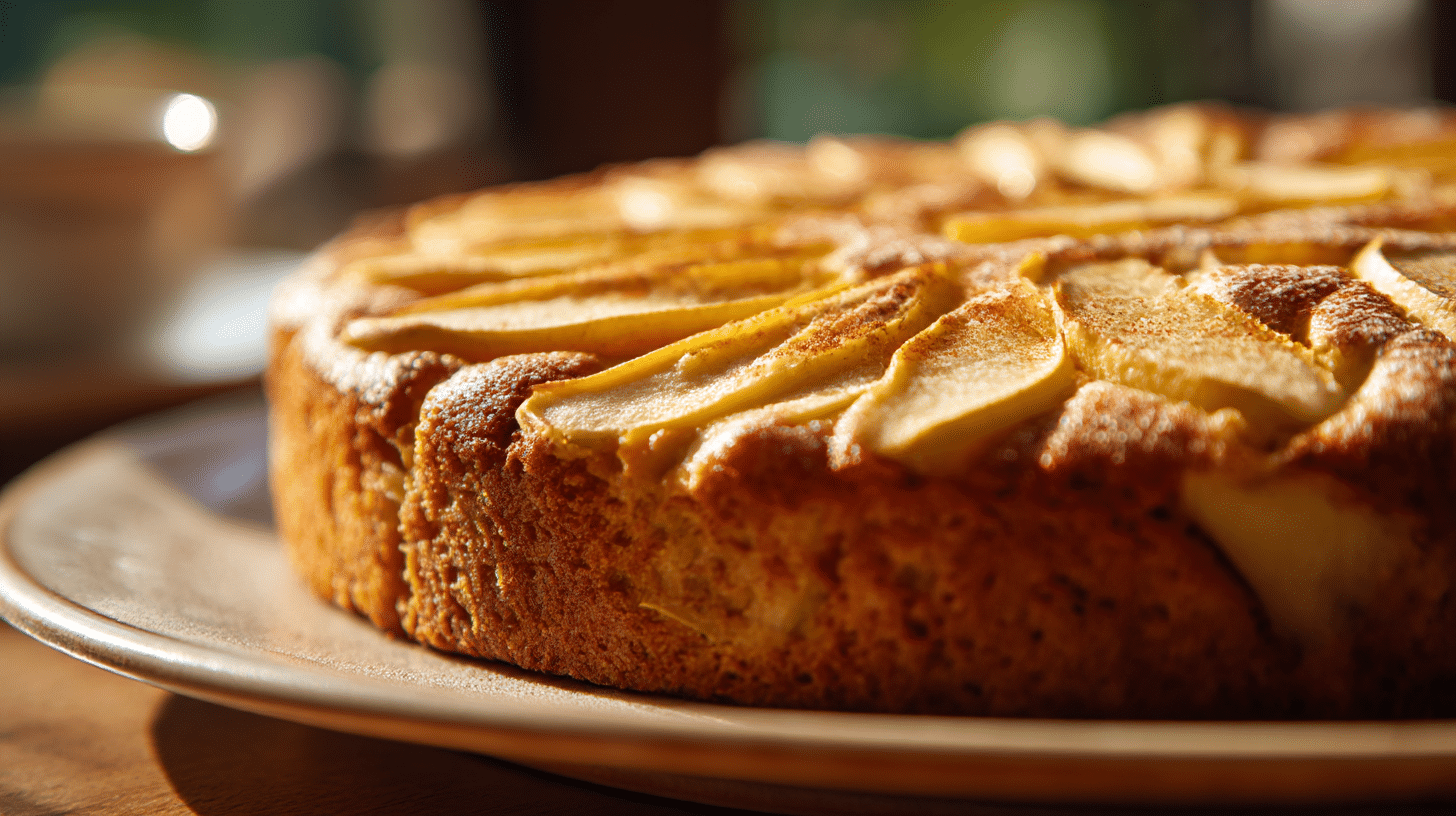 Nahaufnahme des Belags von original Elsässer Apfelkuchen mit Zimt und Zucker