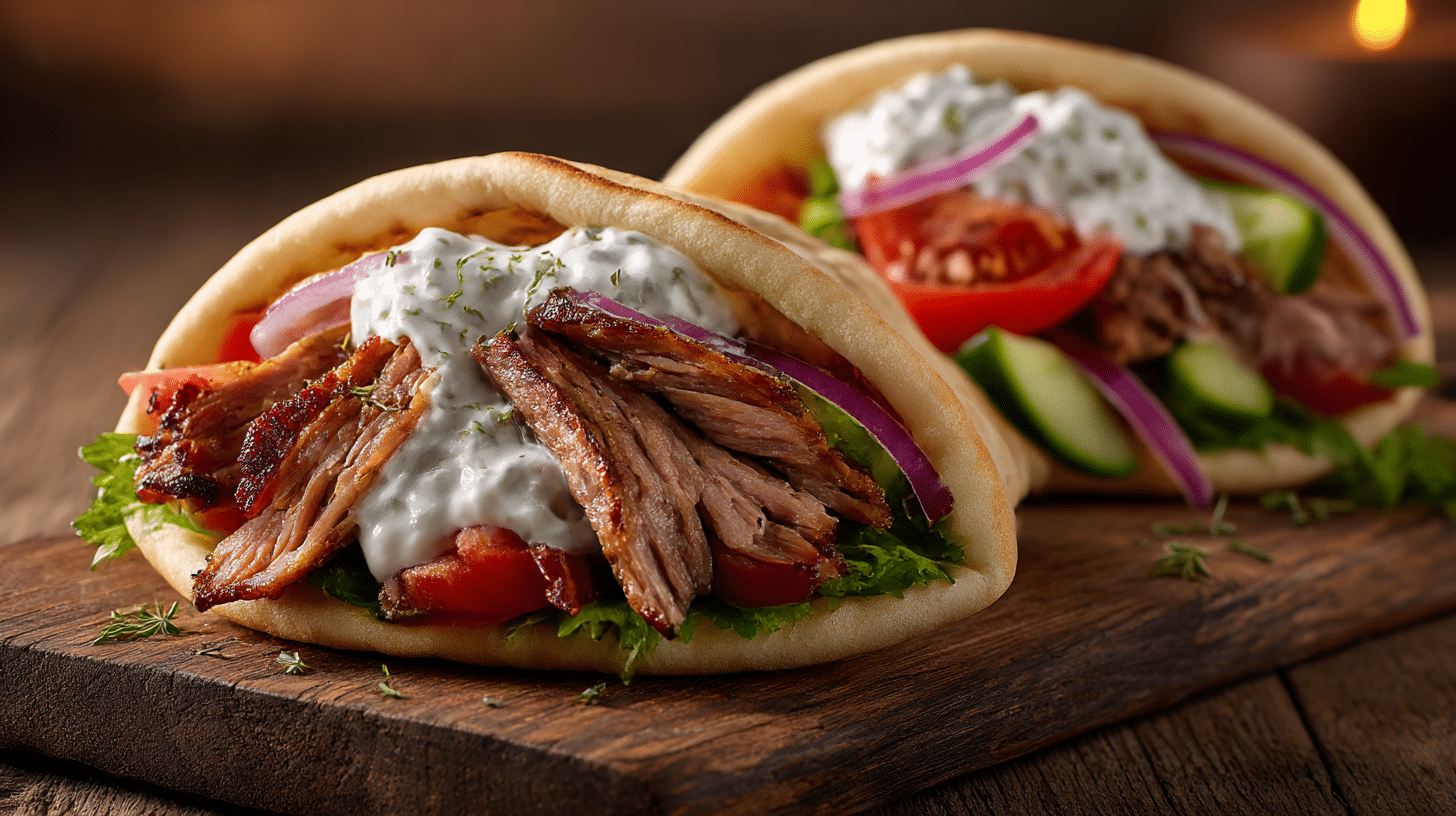 Nahaufnahme von gegrilltem Original Gyros mit charakteristischer Kruste