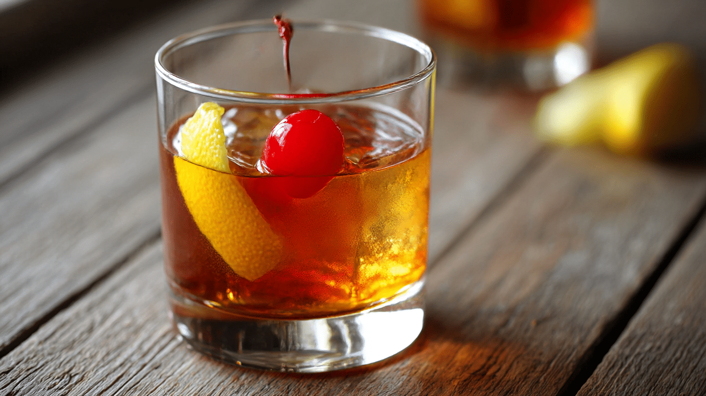 Nahaufnahme des original Manhattan Cocktails mit klarer Flüssigkeit und Glasstruktur