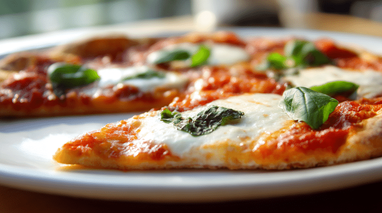 Margarita Pizza Original 1 Original Margarita Pizza auf einem Holzbrett, frisch aus dem Steinofen