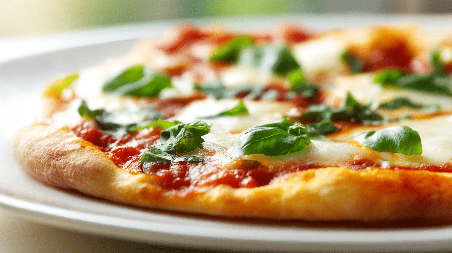 Servierte Original Margarita Pizza auf einem Tisch, umgeben von aromatischen Kräutern