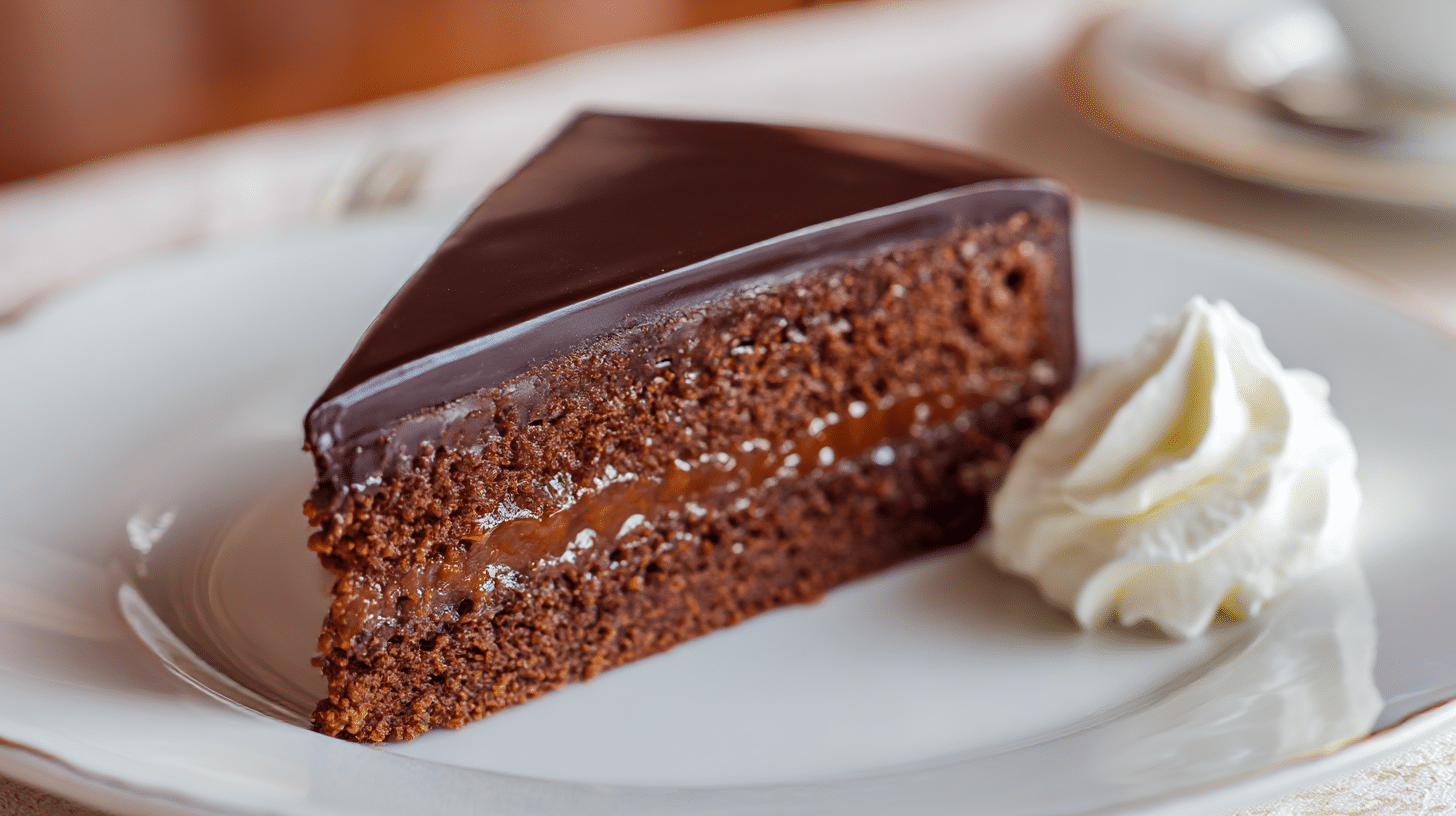 Nahaufnahme der glasurüberzogenen Oberfläche der original Sachertorte