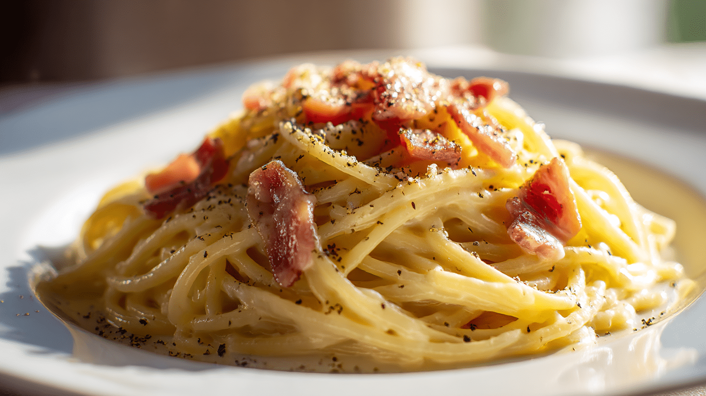 Original Spaghetti Carbonara auf Teller mit frisch geriebenem Parmesan und Petersilie