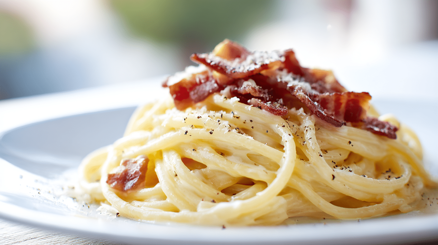 Schüssel mit Spaghetti Carbonara, dampfend heiß und garnieren aus Parmesan
