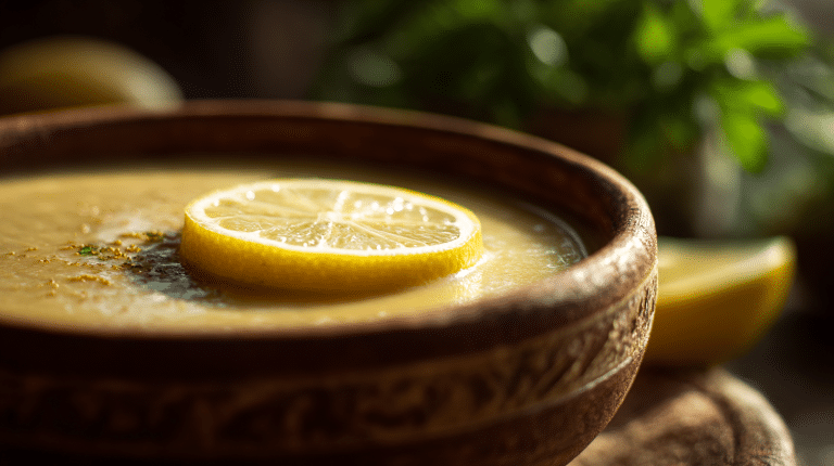 Türkische Linsensuppe Original 4 Traditionelle türkische Linsensuppe aus frischen Zutaten in einer dekorativen Schüssel serviert