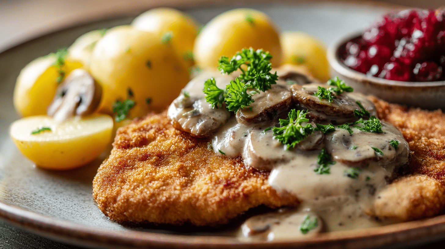 Fertiges, goldbraun gebratenes Jägerschnitzel aus der DDR