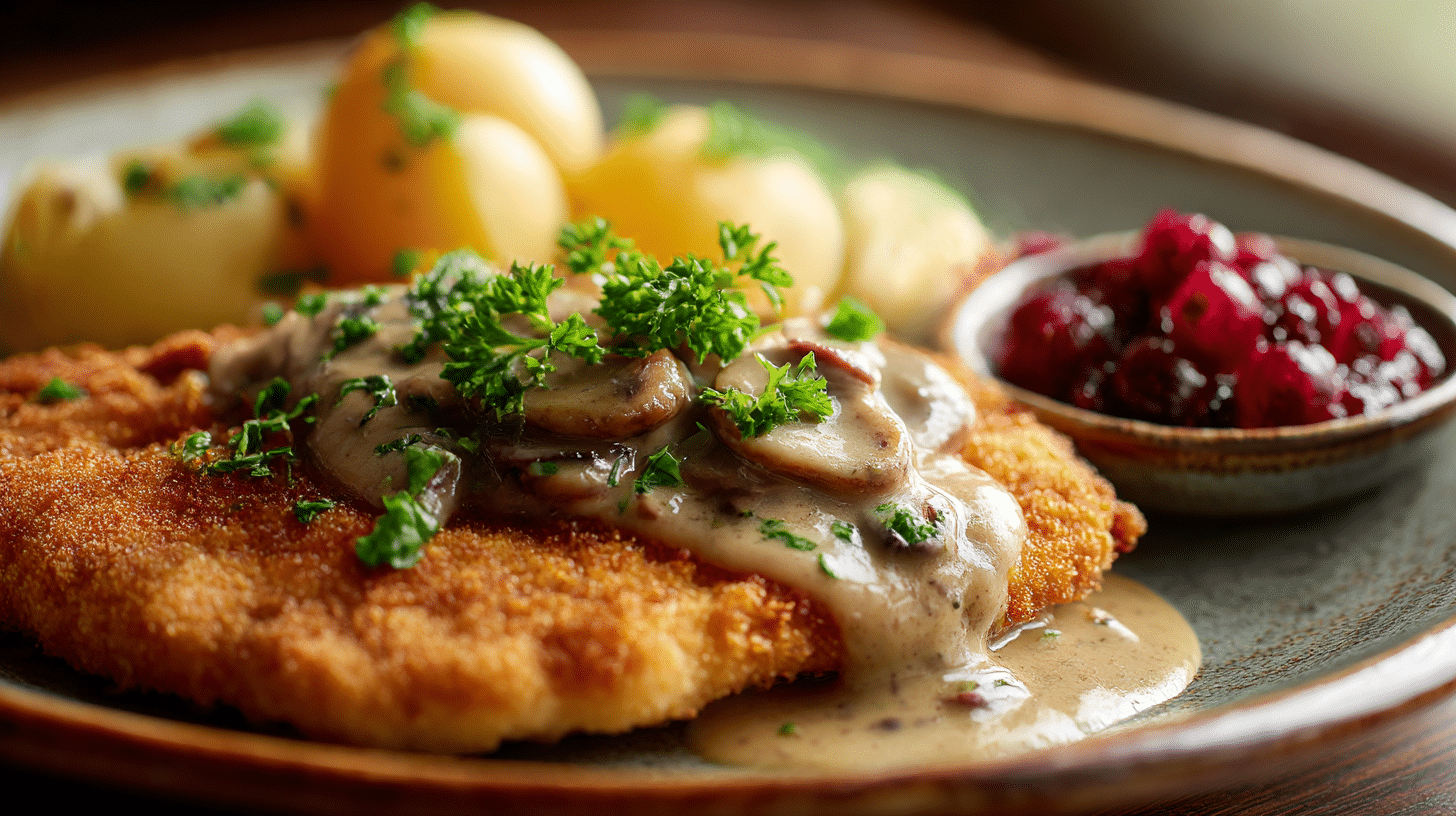 Jägerschnitzel DDR Original 1 Original Jägerschnitzel aus der DDR, gebraten und angerichtet mit Pilzsoße
