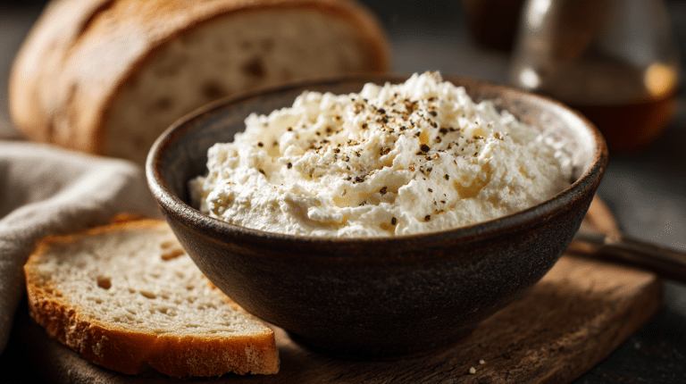Omas Kochkäse in einer traditionellen Keramikschüssel mit frischem Brot