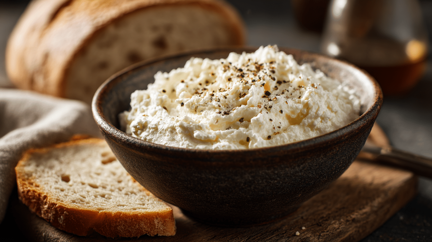 Omas Kochkäse 1 Omas Kochkäse in einer traditionellen Keramikschüssel mit frischem Brot
